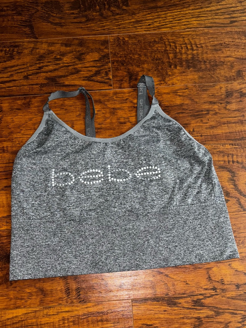 bebe Ribbed Knit Stretch Sports Bra Charcoal Grey Sparkle BEBE Logo Crop Tank